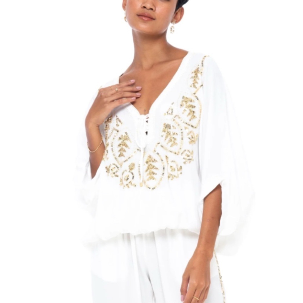 Skemo Evening L White and Gold Embroidered Blouse